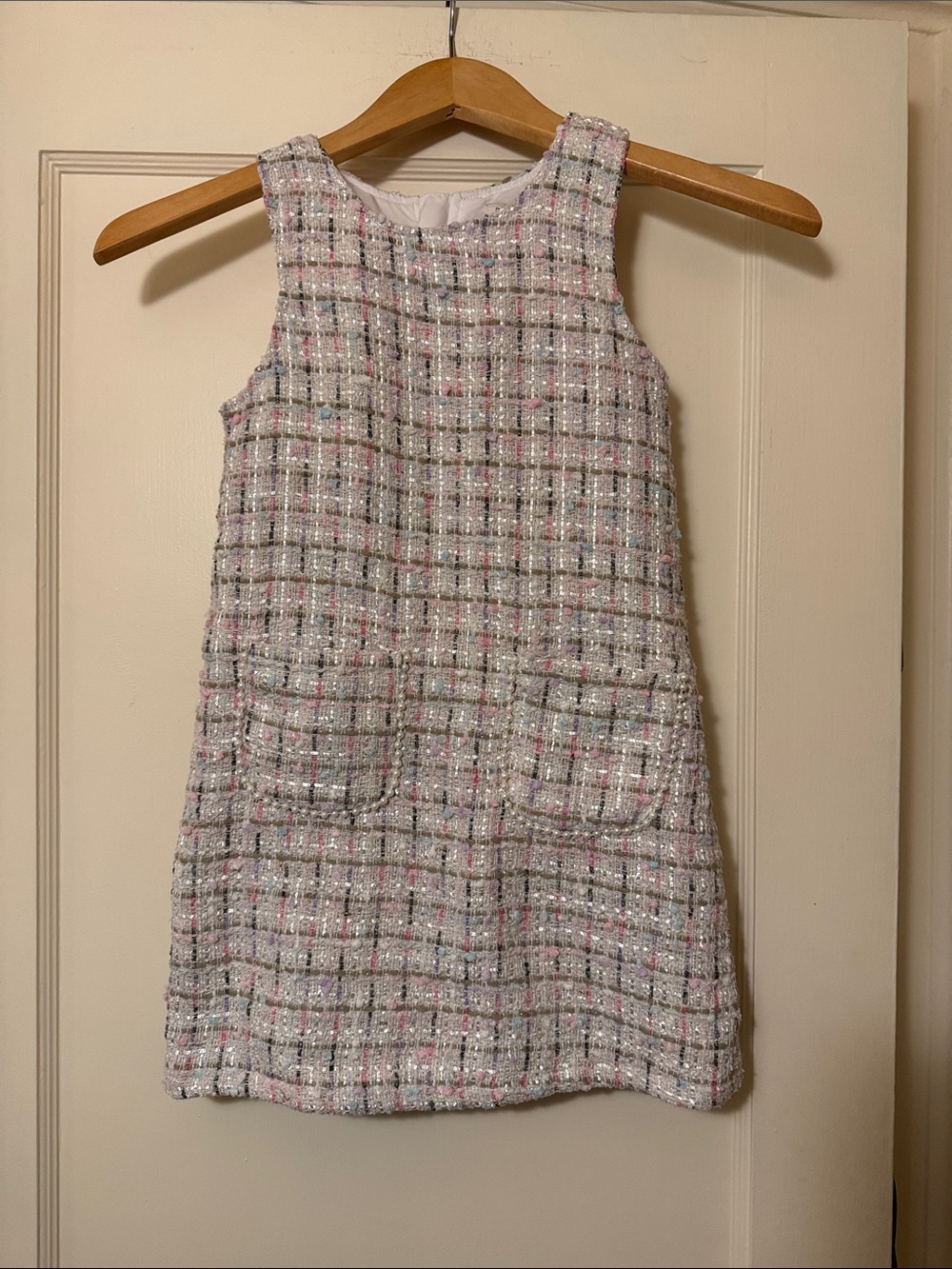 Rachel Zoe White Tweed Pocket Shift Dress with Pink Accents